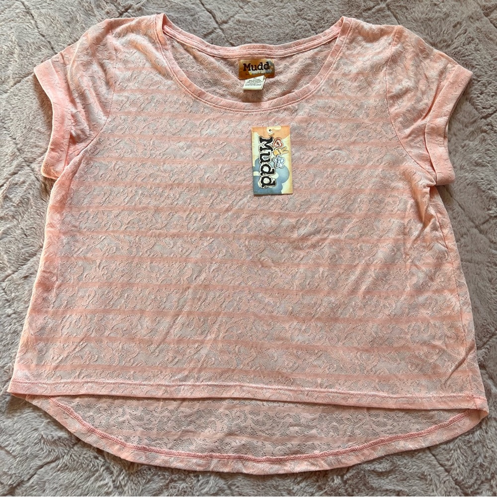 NWT Mudd Pink Lace T Shirt Y2K Preppy Minimalist Capsule Boho Kidcore Size L